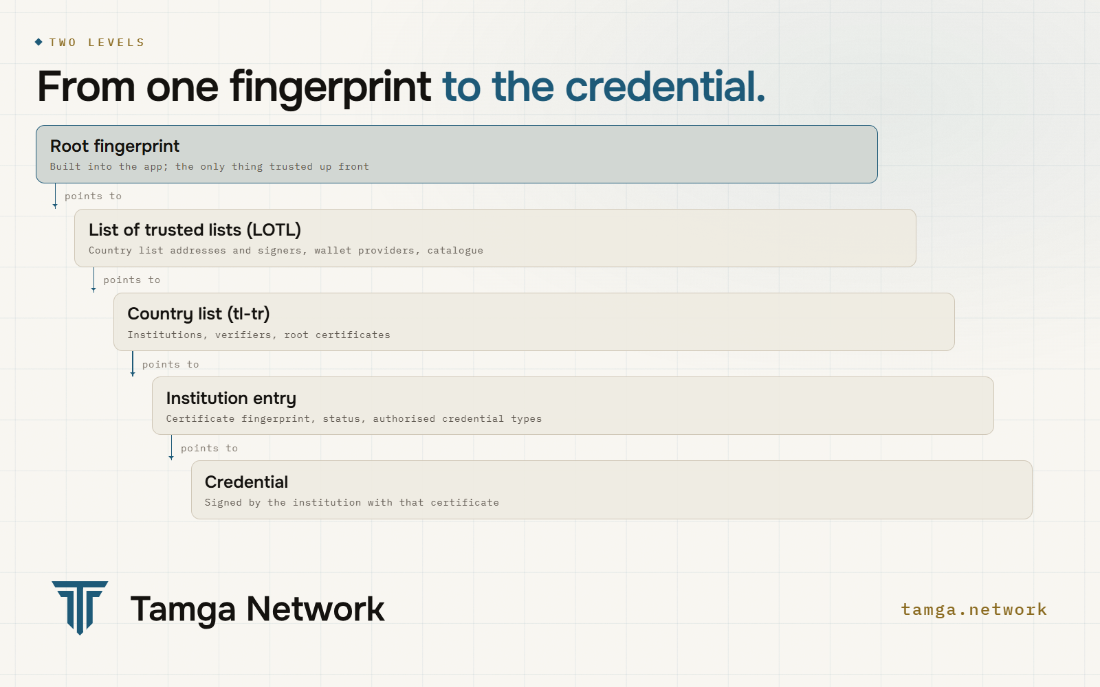 From the pinned root fingerprint through the LOTL and the country list to the institution entry and the credential
